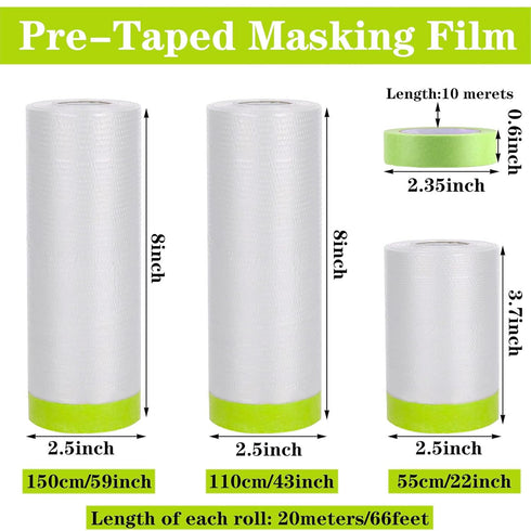 3 Rolls Pre-Taped Masking Film,Tape and Drape for Painting,66-Feet x 22/43/59-In Masking Paper for Automotive Painting Covering,Paint Adhesive Mas...