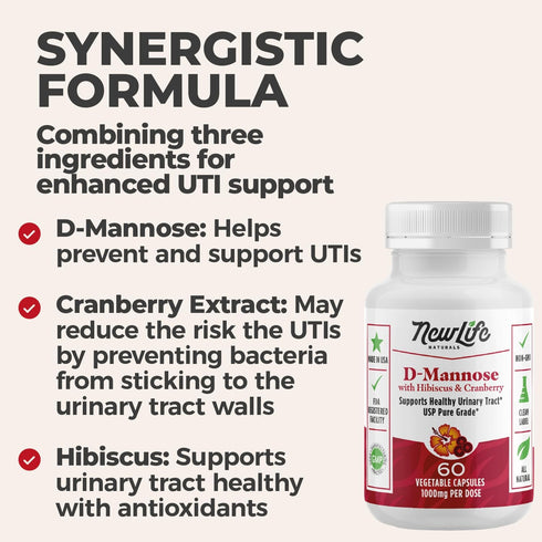 NewLife Naturals D-Mannose Capsules | w/Cranberry and Hibiscus Extracts | Natural Urinary Tract Health Supplement | 1400mg Pure Veggie Powder | 12...