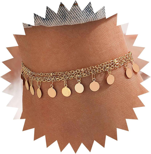 Boho Coin Anklet Bracelet Layered Coin Pendant Ankle Bracelet Vintage Disc Chain Anklet Gold Round Coin Disc Anklet Foot Chain Jewelry for Women...
