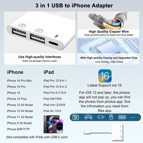 iPad to USB Adapter, USB for iPad, iPhone to USB Adapter Compatible iPhone/iPad,Plug N Play,Compatible with USB Flash Drive.Support iOS 16....
