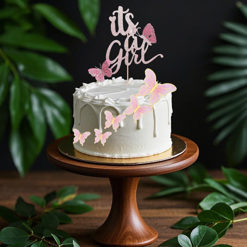ALISSAR New Double Sided Rose Gold Butterfly Baby Shower Cake Topper Set, It's A Girl Cake Topper and 16 Pieces Pink Butterflies Cupcake Toppers f...
