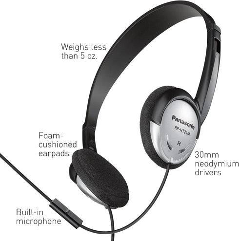 Panasonic Headphones, On-Ear Lightweight Earphones with Microphone and XBS for Extra Bass and Clear, Natural Sound, 3.5mm Jack for Phones and Lapt...