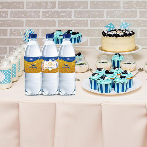 32pcs Blue Oh Baby Water Bottle Labels, Gold Glitter Gender Reveal/1st Birthday Stickers, Little Prince Bottle Wrappers, Welcome Baby Boy Bottle W...