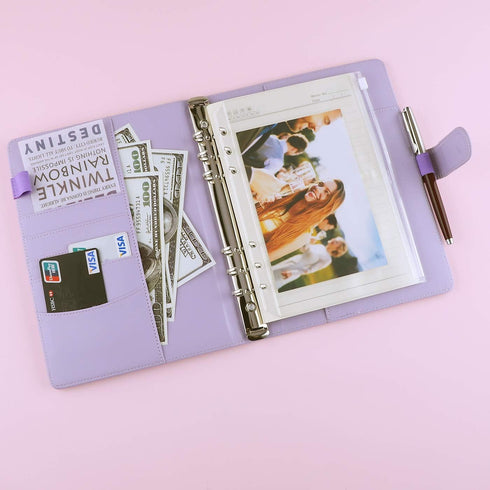 Antner A5 PU Leather Binder 6 Ring Notebook Photocard Budget Binder Cover for A5 Refill Paper, Refillable Loose Leaf Personal Planner Organizer Bi...