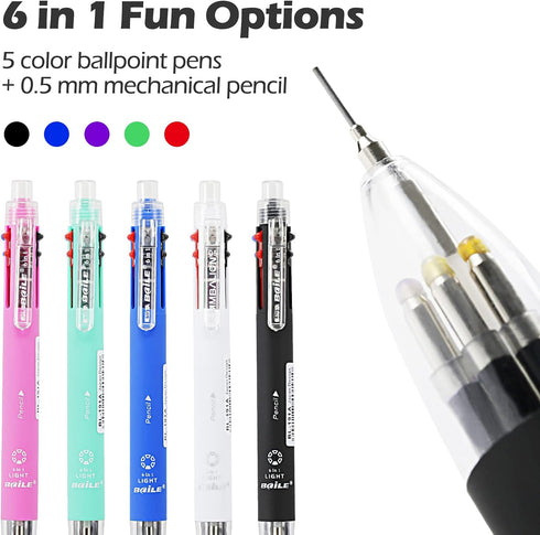 Baile 6 in 1 Multifunctional Ballpoint Pens 5 Colors 0.7 mm Ballpoint Pen and 0.5 mm Mechanical Pencil in One Pen, Pack of 5...