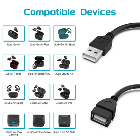 USB Extension Charger Cable Compatible with JLab Go Air Pop/Sport, JLab Epic Air ANC/Sport ANC, JLab JBuds Air/Sport/Executive/ANC/Play Gaming/Pro...
