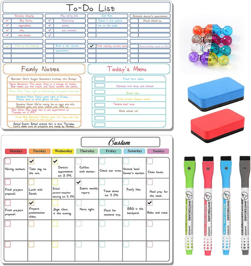 2 Pack Magnetic Dry Erase Board Set for Fridge Wall 16x12 inch, Calendar Whiteboard Customizable Weekly Monthly Planner Daily Notepads, includes 8...
