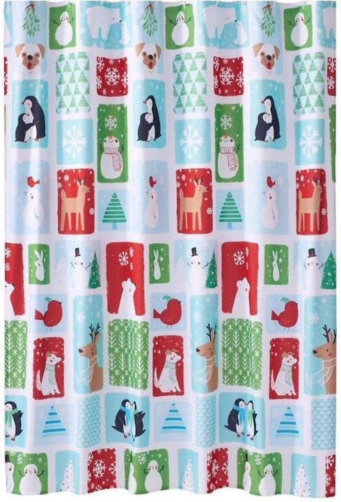 Christmas Holiday Cheer Fabric Shower Curtain, Winter Theme with Snowmen Penguins Polar Bears Deer 70x70 inch...