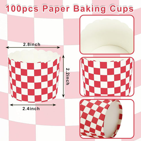 100Pcs Red Plaid Paper Baking Cups White Red Checkered Cupcake Wrappers Scalloped Edge Cupcake Muffin Cases for Party Supplies...