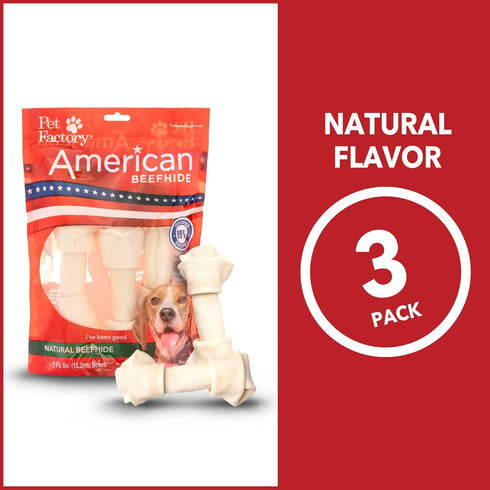 Pet Factory American Beefhide 6-7" Knotted Bones Dog Chew Treats - Natural Flavor, 3 Count/1 Pack...