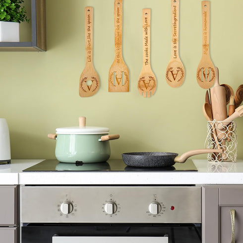 5PCS Initial Wooden Cooking Spoons Initial Gifts Kitchen Decor Personalized Customized Monogrammed Birthday Gifts for Women Mother,New Mom,Teacher...