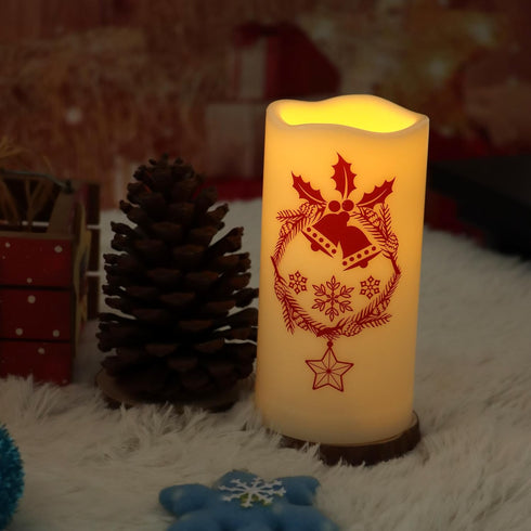 Christmas Theme Outdoor LED Flameless Candle Battery Operated with Timer Flickering LED Pillar Candle Bell Pattern Winter Festival Party Decoratio...