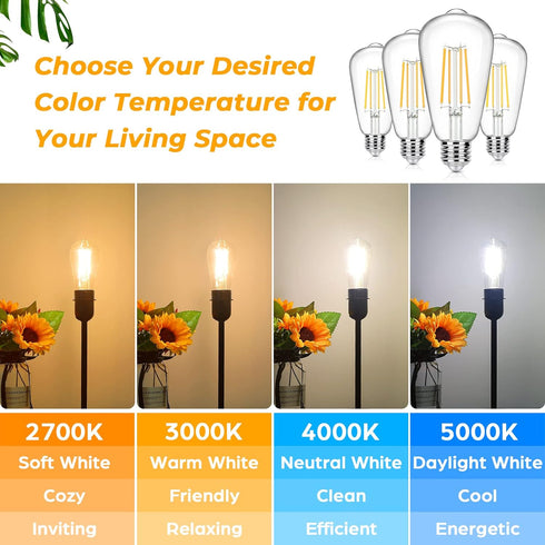 4-Pack Vintage LED Edison Bulbs 100W Equivalent 1400LM High Brightness 8W ST58 LED Filament Light Bulbs 3000K Warm White E26 Medium Base CRI90+ An...