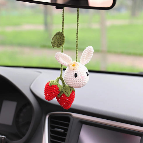 BUNNY Cute Rear View Mirror White Bunny and Strawberry Crochet Car Charm, Bunny Hanging Ornaments, Cute Fruit Car Rear Dangle Interior, Handmade K...