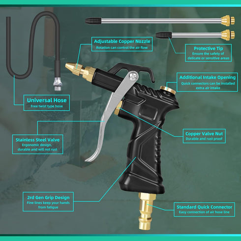 Industrial Air Blow Gun with Brass Adjustable Air Flow Nozzle, Steel Air Flow Extension, and Blow Hose, Pneumatic Air Compressor Accessories Tool ...