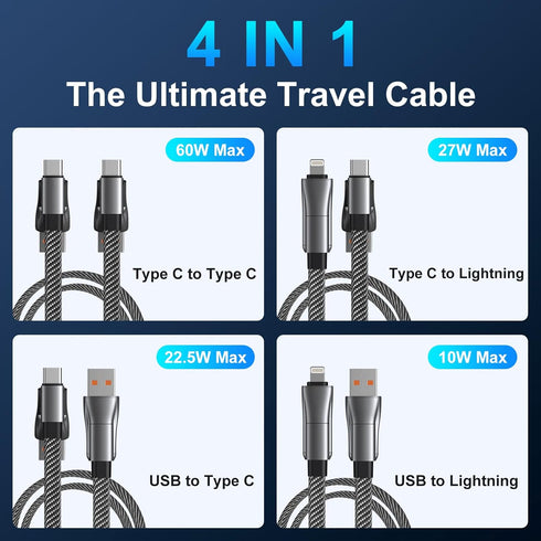 4 in 1 Multi Charging Cable, PD 60W Fast Charging USB C Multi Charger Cable, Zinc Alloy Flat Braided with Velco Strap Charging Cords for Multiple ...