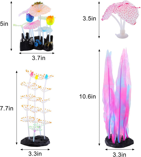 Glowing Fish Tank Decorations Plants, 4 pcs Glow Aquarium Decorations, Glowing Coral Plant Ornaments Lotus Kelp and Anemone...