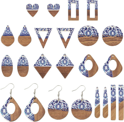 FASHEWELRY 20Pcs Classical Resin Wooden Earrings Charms Porcelain Flower Wood Earring Blanks Blue White Natural Wooden Pieces Earring Findings for...