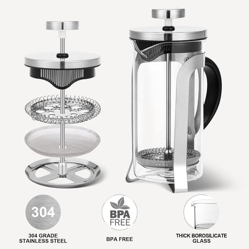 French Press Coffee and Tea Maker Single Serve Coffee Brewers Glass Classic 304 Stainless Steel Coffee Press Heat Resistant Thickened Borosilicate...