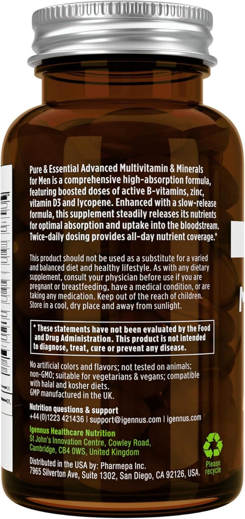 Advanced Men's Multivitamin, Methylated B-Vitamins MTHFR Supplement, Clean Label & Vegan, High Strength Formula without Iron, Daily Energy, Immuni...