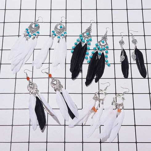 SUNNYCLUE 1 Box DIY 8 Pairs Bohemia Black White Long Feathers Dangle Hook Earring Making Kit with Instruction Jewelry Findings Making Crafts for W...
