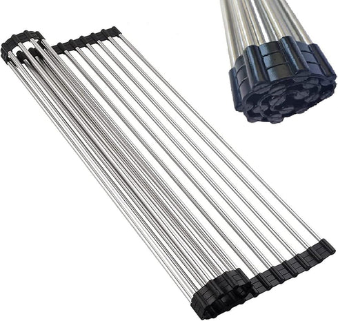 Roll up Dish Drying Rack Over The Sink Portable Stainless Still Rolling Rack Folding Mat for Kitchen Counter (Black, 17.7''LX11.2''W)...