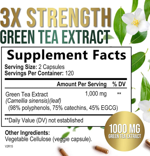 Green Tea Extract Capsules 1000mg with EGCG - 98% Standardized Polyphenols for Heart Support with Antioxidants - 3X Absorption Green Tea Pills for...