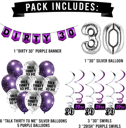 30th Birthday Purple Party Pack - 30th Birthday Banner, Balloon and Swirls Pack- Birthday Decorations - 30th Birthday Party Supplies, Favors and G...