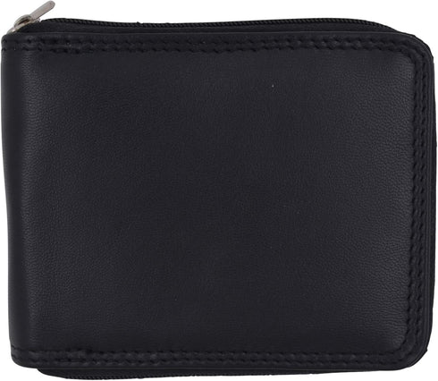 Men's Zipper RFID Blocking Premium Leather Zip-Around ID Bifold Wallet (Black)...