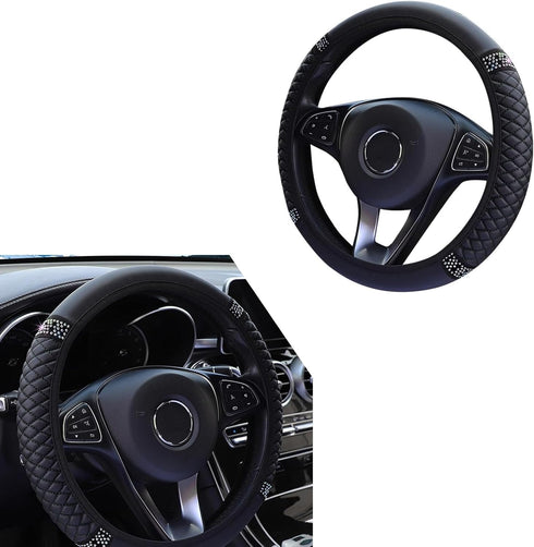 1 PC Bling Automotive Steering Wheel Cover, Rhinestone-Encrusted Leather Elastic Anti-Slip Protective Cover Without Inner Ring, Decorative Accesso...