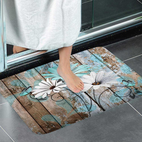 Farmhouse Floral Flower Bath Mat, Teal Daisy Rustic Wooden Plank Country Barn Wood Turquoise Blue Non-Slip Flannel Soft Doormat Floor Entryways Ou...