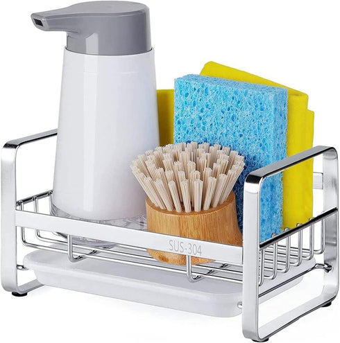 HULISEN Kitchen Sink Sponge Holder, 304 Stainless Steel Kitchen Soap Dispenser Caddy Organizer, Countertop Soap Dish Rack Drainer with Removable D...