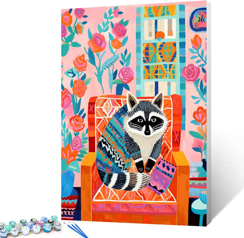 Raccoon Sitting on Chair Paint by Bumbers for Adults Colorful Pastel DIY Paint by Numbers Acrylic Paint Canvas Cute Animal Abstract Retro Style Ba...