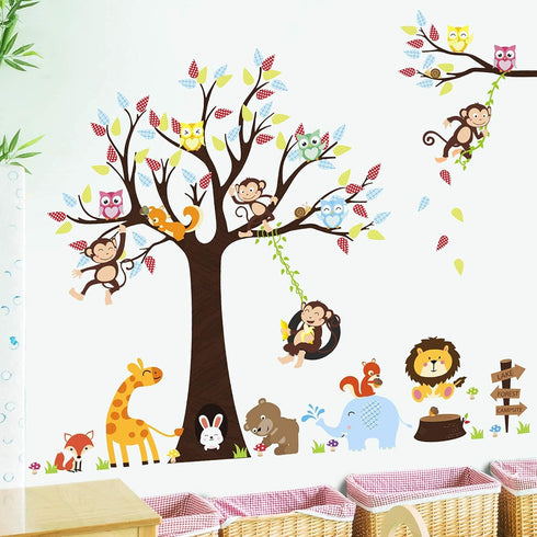LiveGallery Cartoon Animals Wall Decals Removable Tree Wall Stickers DIY Owls Wall Art Cute Monkey Elephant Giraffe Wall Decal for Kids Boys Child...