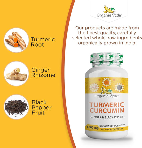 Organic Veda Turmeric and Ginger Capsules 120 pills - Organic Turmeric Curcumin with Black Pepper for Joint Support - Non Gmo, Gluten Free, Turmer...