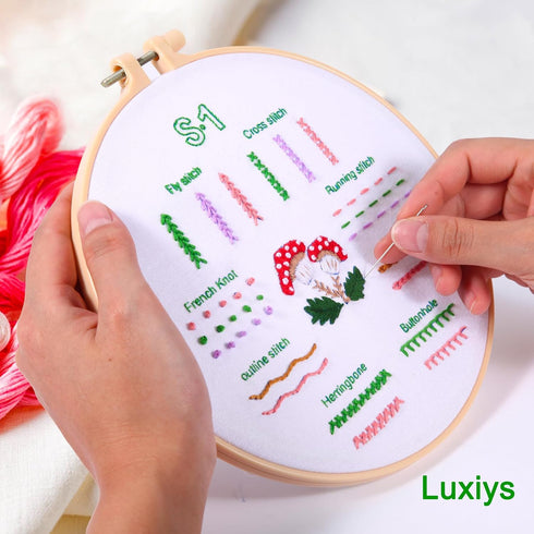 Luxiys 3 Sets Starter Embroidery Kit for Beginners Hand Embroidery Kit includes Bamboo Hoop, Pin Cushion, Cloth, Needlepoint Kits, Cross Stitch Ki...