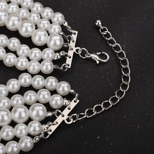 5 Layers Strand Round Imitation Pearl Choker Necklace Vintage Multi Strands Necklace Collar Choker Pearl Statement Bridal Choker Necklace for Wedd...