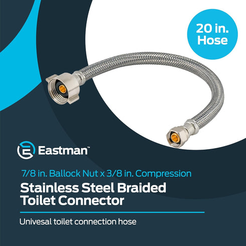 Eastman 20 Inch Flexible Toilet Connector, 7/8 Inch Ballcock x 3/8 Inch Compression, Stainless Steel Braided Hose, 48090...