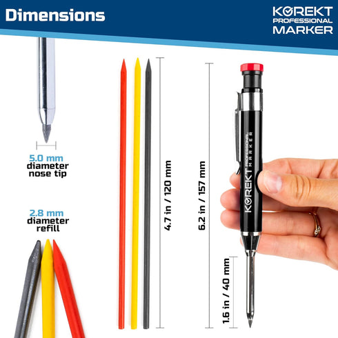 KOREKT Professional Marker, Heavy Duty Mechanical Carpenter Pencil Set | 12 Refills and Built-in Sharpener | Construction, Woodworking, Welding, C...