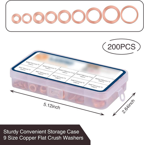 Pack-200 Automobile Copper Flat Gasket Assortment Combination Set, Engine Oil Pan Sealing Gasket, M5 M6 M8 M10 M12 M14 Multi-Specification Metric ...