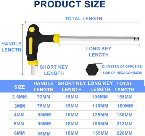 JONMON Bike Hex Key Allen Wrenches Set - 2.5/3/4/5/6mm Bicycle T-handle Long Arm Hex Key with Ball End Screwdriver Hand Tool for Bike Pedal Handle...