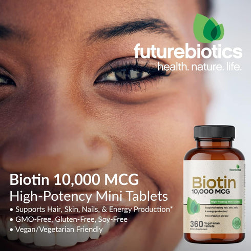 Futurebiotics Biotin 10,000 MCG High Potency Tablets Supports Healthy Hair, Skin & Nails & Energy Production, Non-GMO, 180 Vegetarian Tablets...