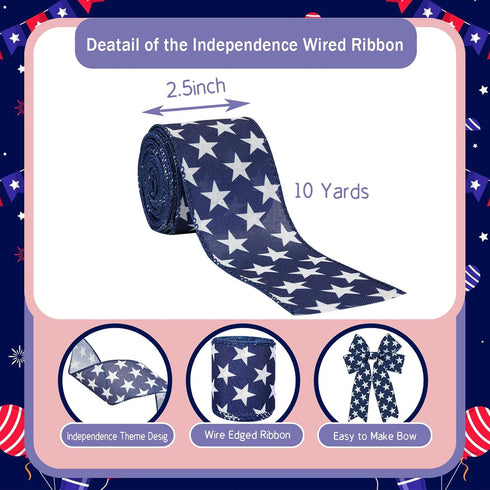 4th of July Ribbon Wired Patriotic Ribbon Stars Ribbon10 Yards Patriotic Ribbon Wired for Independence Day Memorial Day Wreath Bow Making DIY Wrap...