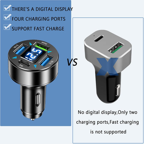 Fast Car Charger,4 Ports Cigarette Lighter USB Charger with LED Voltmeter,PD3.1/Super Port Car Charger Adapter Fast Charging,Compatible with iPhon...