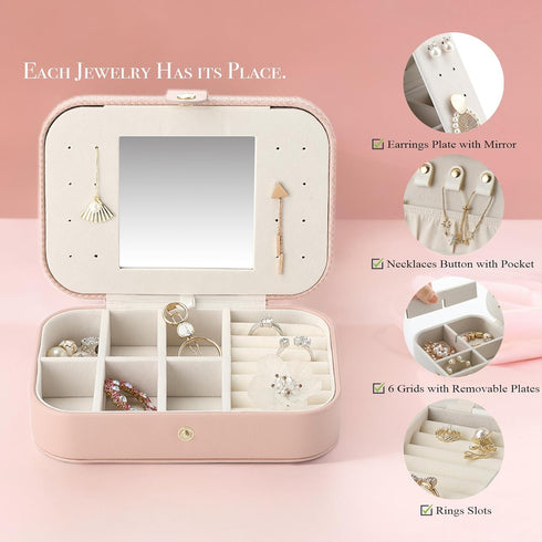 Vlando Small Travel Jewelry Box Organizer - Faux Leather Display Storage Case for Necklaces Earrings Rings, Woven Pink...