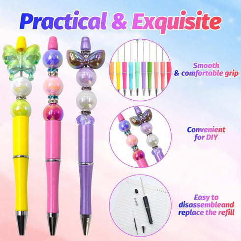 150 Pieces DIY Beadable Pens Kit - 50 plastic Beadable Pens Bulk, Refills & pen bags Included - Beaded Pens Black Ink Ballpoint Cute Pens?Bright?...