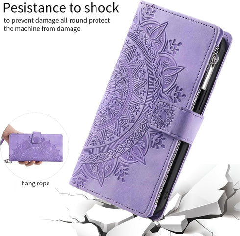 Phone Case for Samsung Galaxy S24 Ultra 5G Wallet Cover With Tempered Glass Screen Protector and Wrist Strap Mandala Flower Flip Zipper Card Holde...