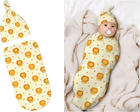 Cute Cartoon Lions Baby Stuff Newborn Swaddle and Hat Set Stretchy Soft Kings Baby Receiving Blanket Gifts for Infant Baby Boy Girl...
