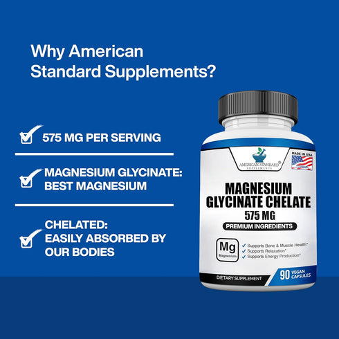 American Standard Supplements Magnesium Glycinate 575mg per Serving, 90 Veggie Capsules, Magnesium Supplement for Bone & Muscle Health, Chelated f...