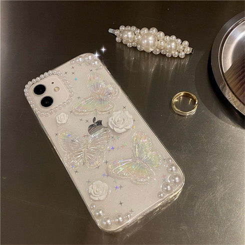 Fycyko Compatible with iPhone 7/8/SE 3D Butterfly Floral Clear with Design Aesthetic Women Teen Girls Glitter Pretty Crystal Sparkle Sparkly Cute ...